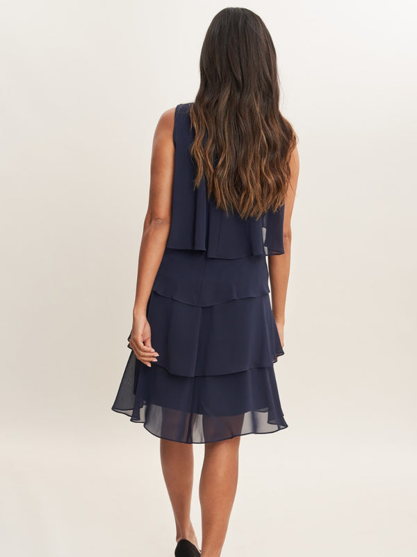Gina Bacconi Vesta Jewel-shoulder Tiered Cocktail Dress NAVY
