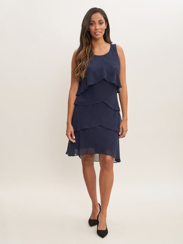Gina Bacconi Vesta Jewel-shoulder Tiered Cocktail Dress NAVY