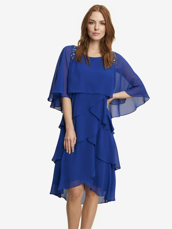 gina bacconi Via bead shoulder tier attached cape dress