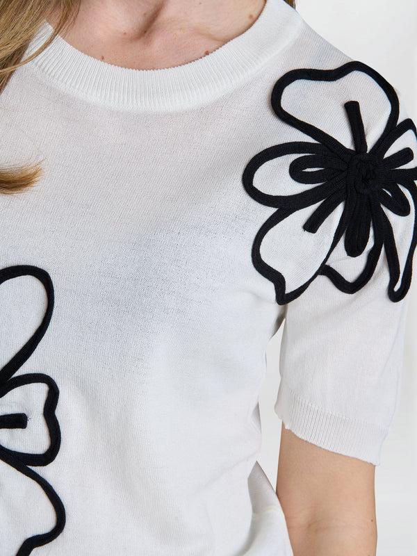 Gina Bacconi Vicki Short Sleeve Sweater With Flower Applique