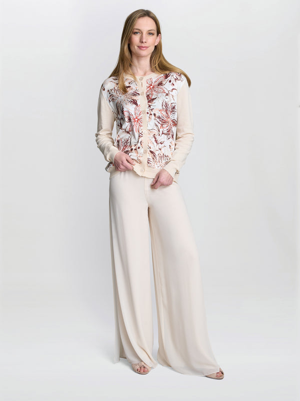 Gina Bacconi Vilma Floral Satin Front Cardigan Beige