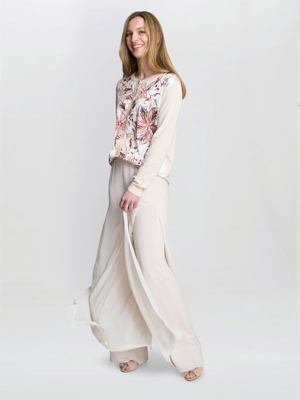 Gina Bacconi Vilma Floral Satin Front Cardigan Beige