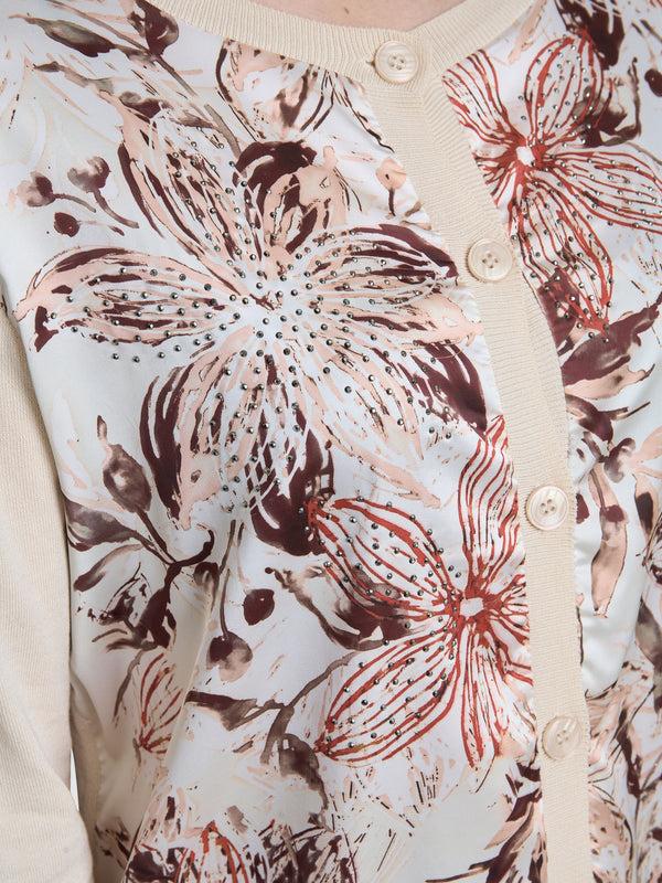 Gina Bacconi Vilma Floral Satin Front Cardigan Beige