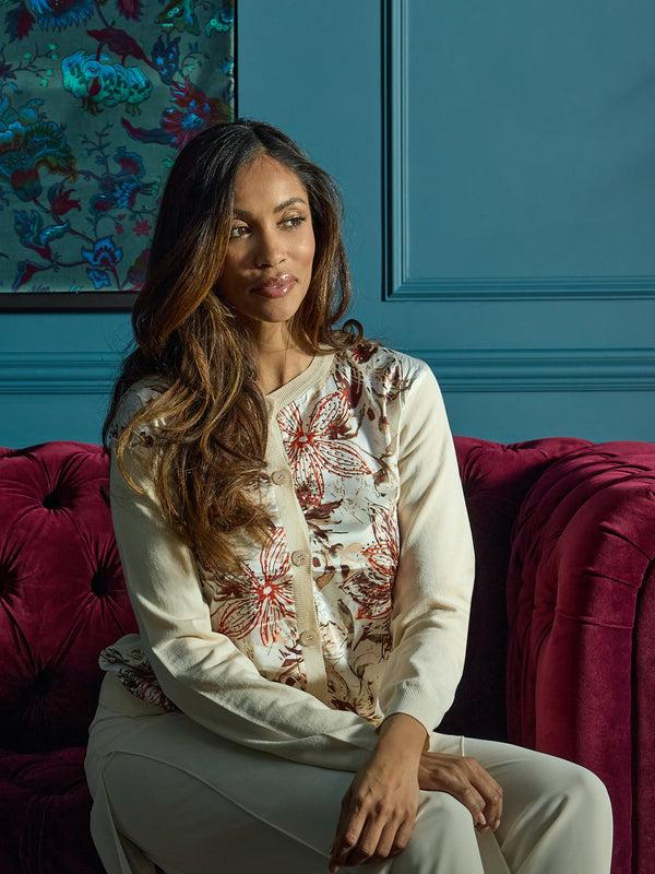 gina bacconi Vilma floral satin front cardigan Beige