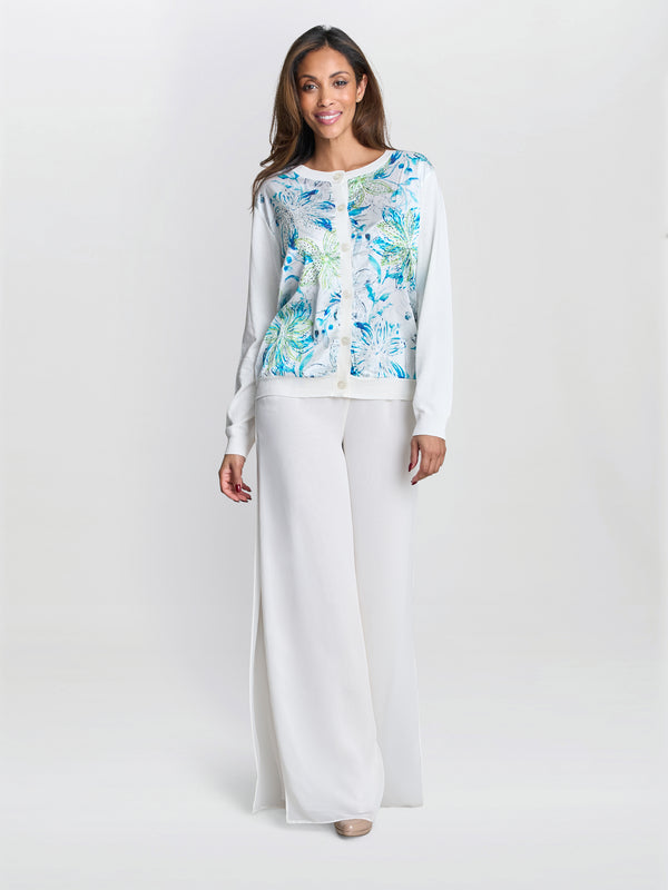 Gina Bacconi Vilma Floral Satin Front Cardigan White