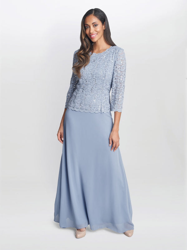 gina bacconi Virginia maxi lace dress with chiffon skirt