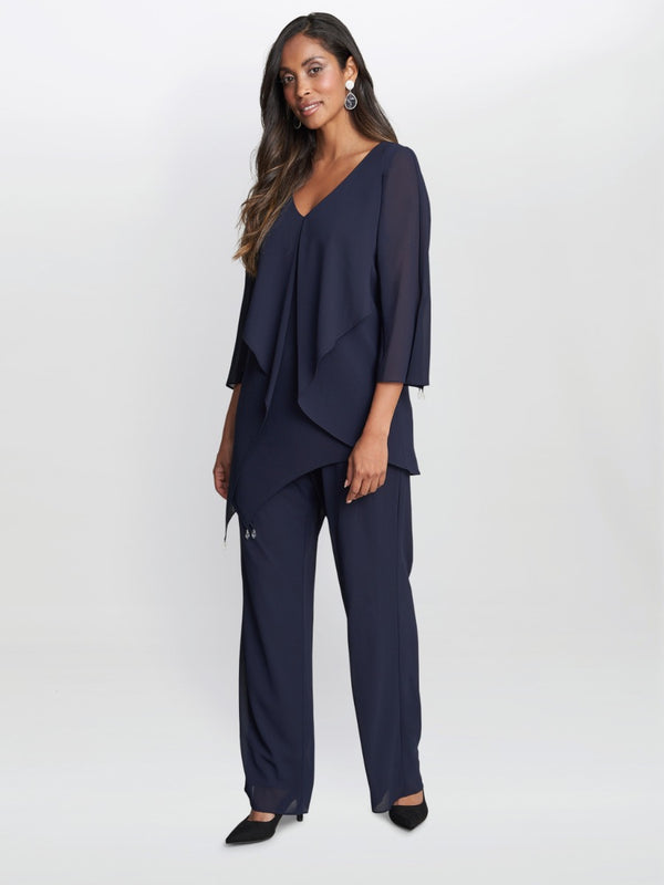Gina Bacconi Wilma 2-piece Trouser And Top Set With Asymmetric Cascade Ruffle Blouse With Crystal Drop