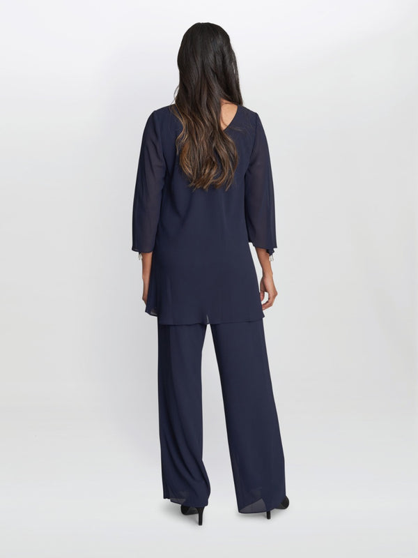 Gina Bacconi Wilma 2-piece Trouser And Top Set With Asymmetric Cascade Ruffle Blouse With Crystal Drop