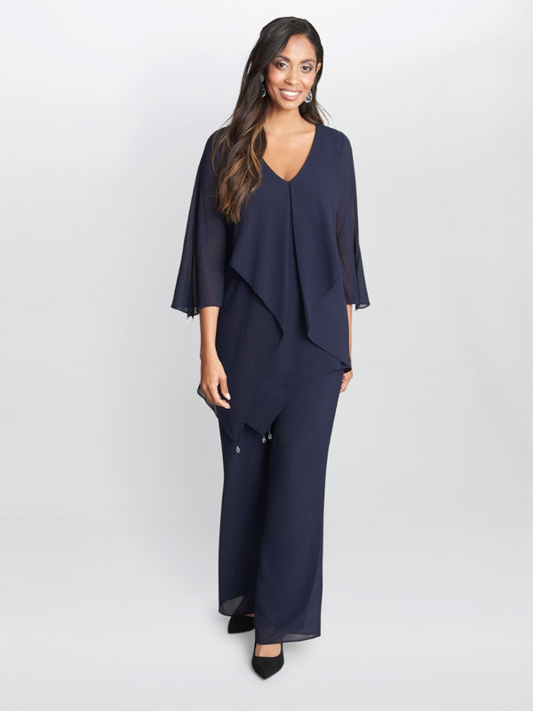 gina bacconi Wilma 2-piece trouser and top set with asymmetric cascade ruffle blouse with crystal drop