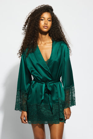 Ginia Silk Lace Robe Emerald