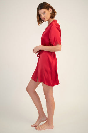 Ginia Silk Robe With Lace Ruby