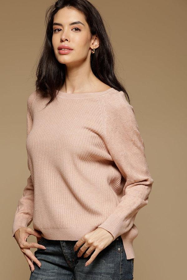Gipsy Baby Pink Medium Length Long Sleeves Boat Neck Acrylic Solid Sweater Pink