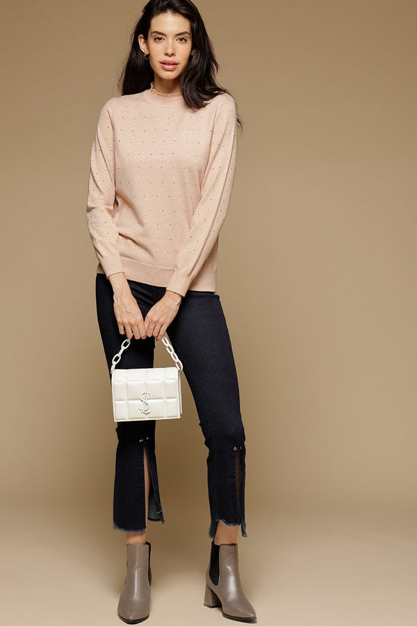 gipsy Baby Pink Medium Length Long Sleeves Round Neck Acrylic Solid Sweater Pink