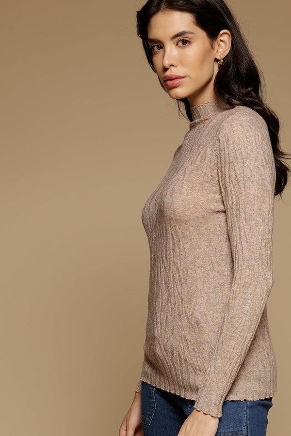 Gipsy Beige Medium Length Long Sleeves Round-Neck Acrylic Solid Sweater Beige