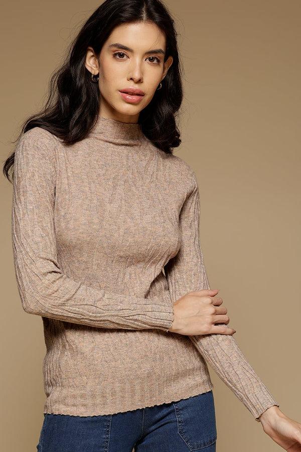gipsy Beige Medium Length Long Sleeves Round-Neck Acrylic Solid Sweater Beige