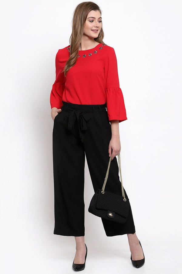 Gipsy Black Ankle Length Solid Polyester Pant Black