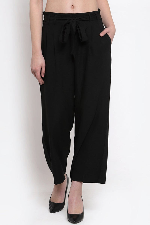 gipsy Black Ankle Length Solid Polyester Pant Black