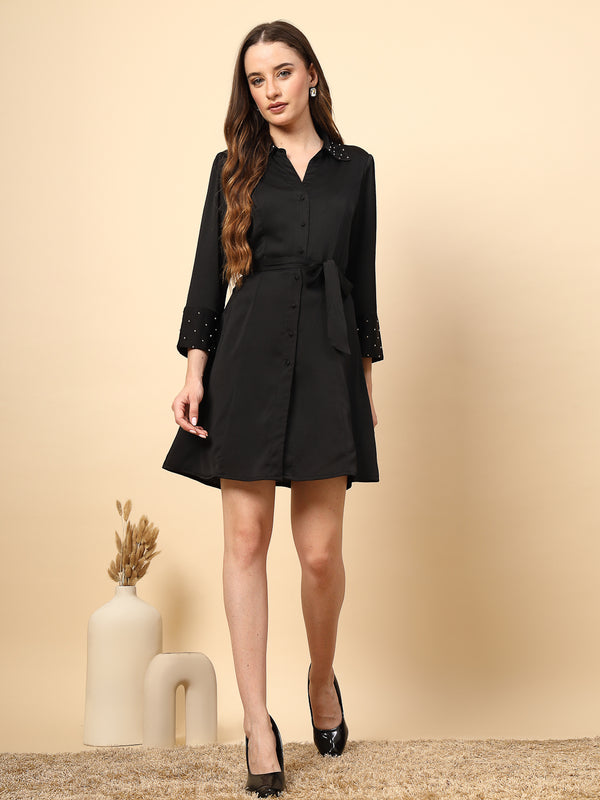 gipsy Black Dress with Embellished Collar & Cuff Fabric Button and Front Tie