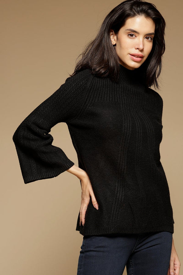 Gipsy Black Medium Length Long Sleeves Round Neck Acrylic Solid Sweater Black