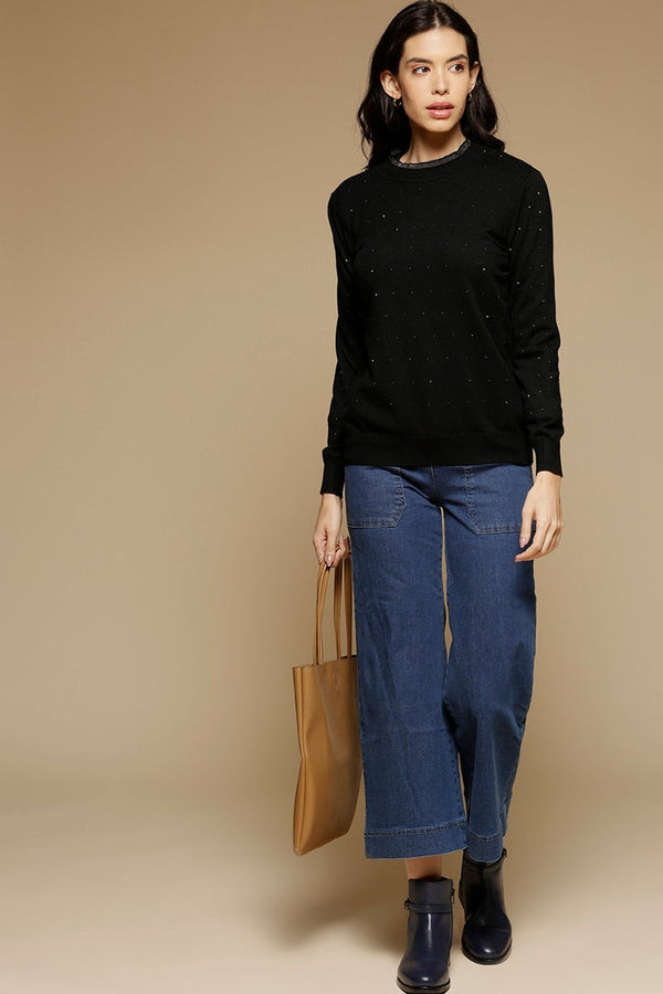 gipsy Black Medium Length Long Sleeves Round Neck Acrylic Solid Sweater Black