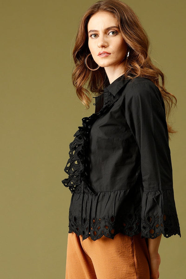 Gipsy Black Medium Length Round Neck Cotton Top Black