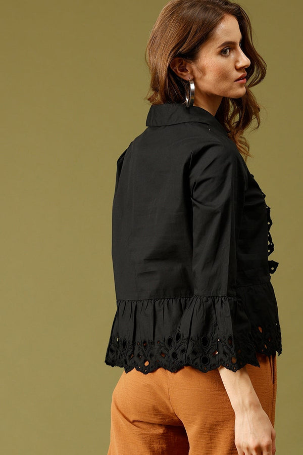 Gipsy Black Medium Length Round Neck Cotton Top Black