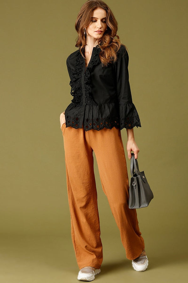 Gipsy Black Medium Length Round Neck Cotton Top Black