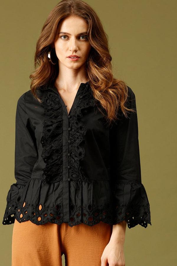 gipsy Black Medium Length Round Neck Cotton Top Black