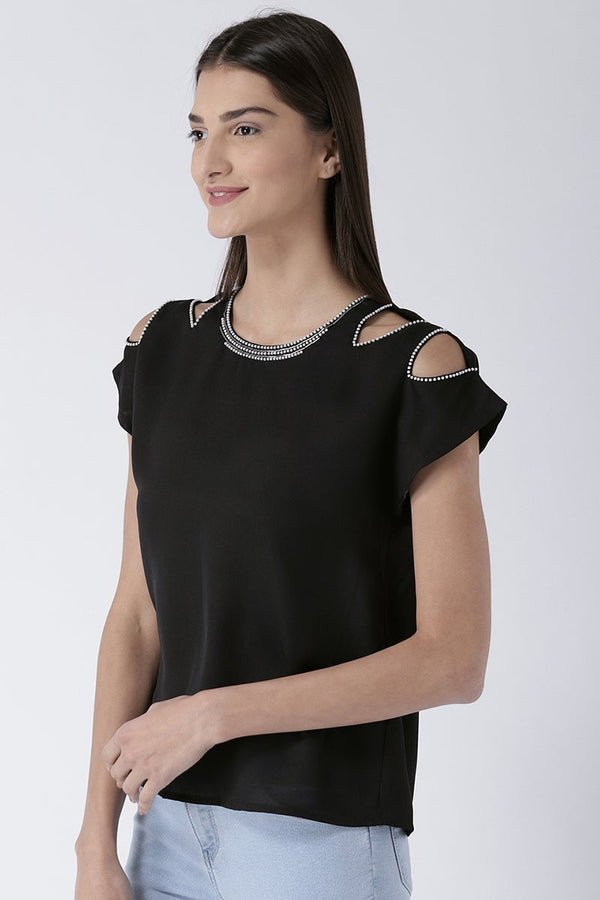 Gipsy Black Medium Length Round Neck Polyester Top Black