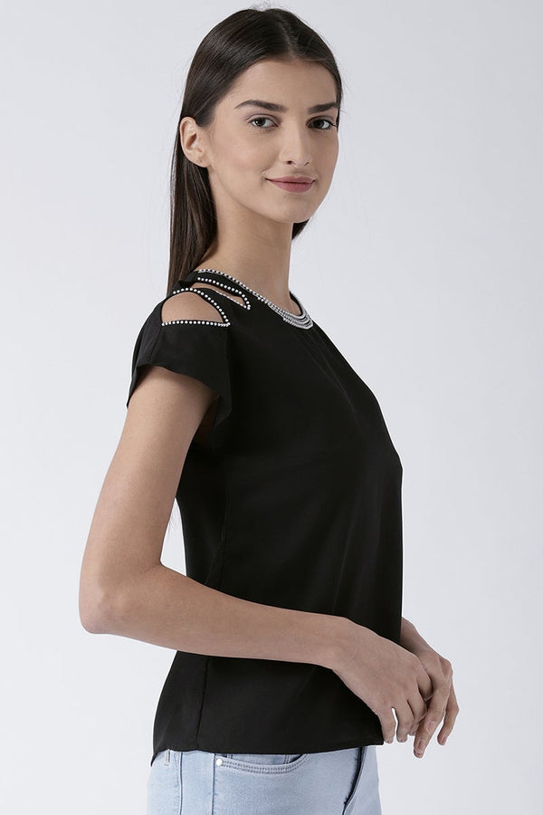 Gipsy Black Medium Length Round Neck Polyester Top Black