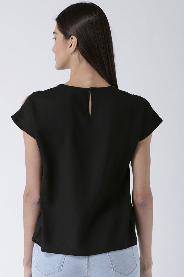 Gipsy Black Medium Length Round Neck Polyester Top Black