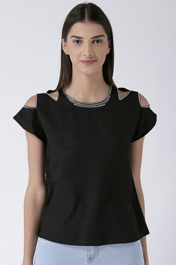 gipsy Black Medium Length Round Neck Polyester Top Black