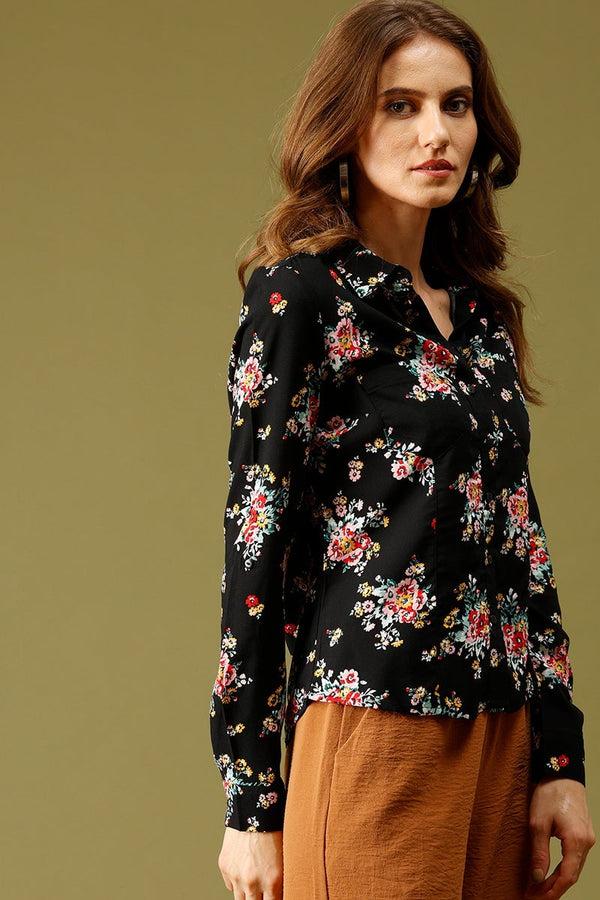 Gipsy Black Medium Length Shirt Collar Floral Print Rayon Shirt Black