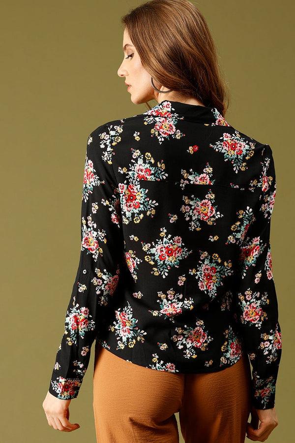 Gipsy Black Medium Length Shirt Collar Floral Print Rayon Shirt Black