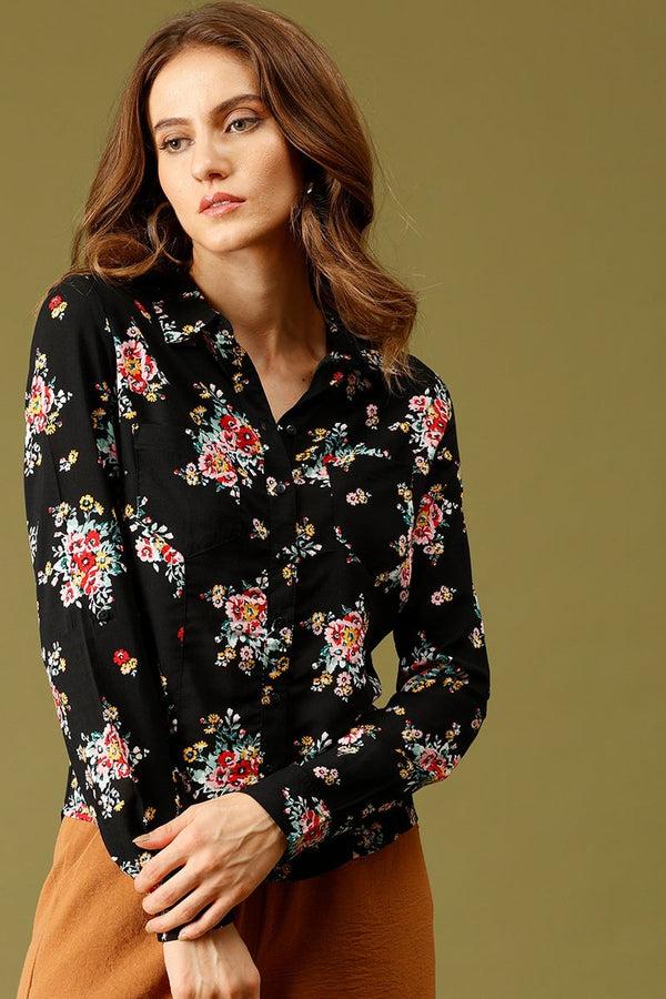 gipsy Black Medium Length Shirt Collar Floral Print Rayon Shirt Black