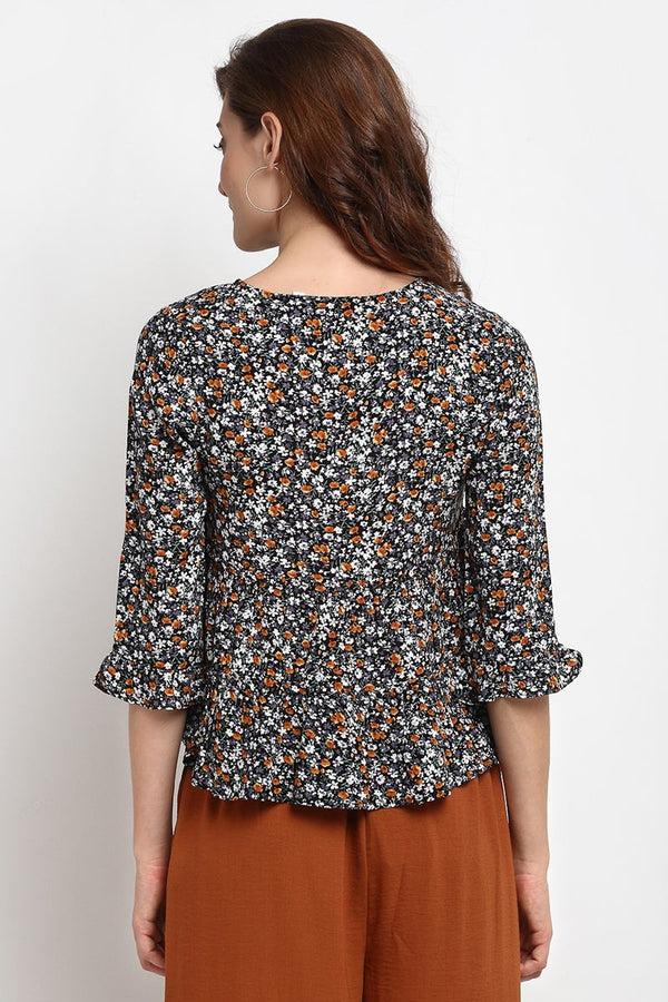 Gipsy Black Medium Length Tie - Up Rayon Crepe Blouse Black