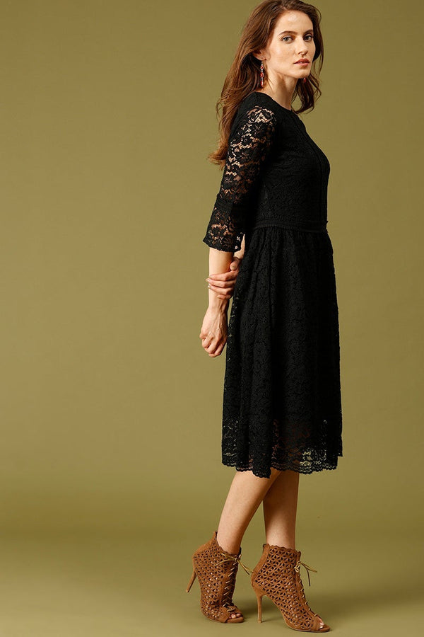 Gipsy Black Midi Length Round Neck Polyester Dress Black