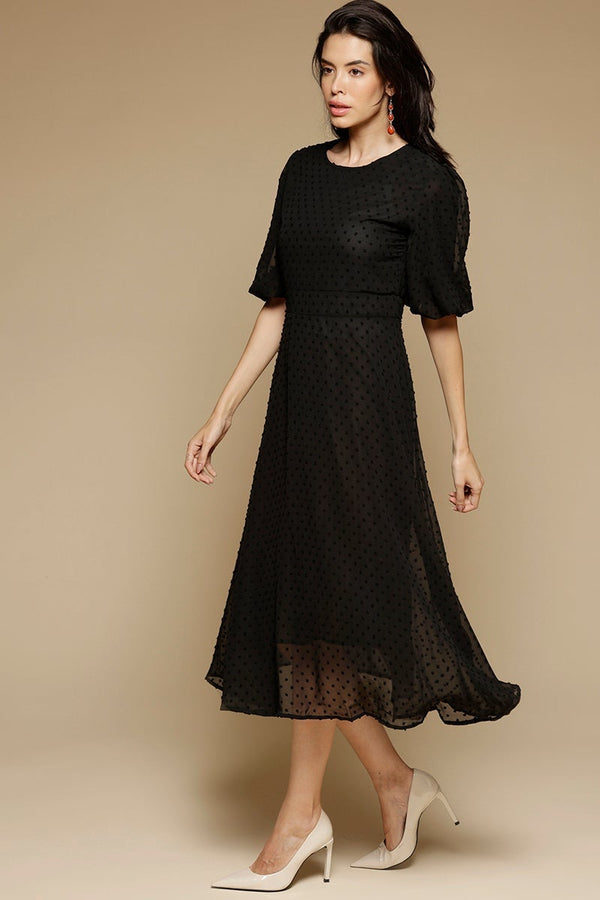 Gipsy Black Midi Length Round Neck Polyester Dress Black