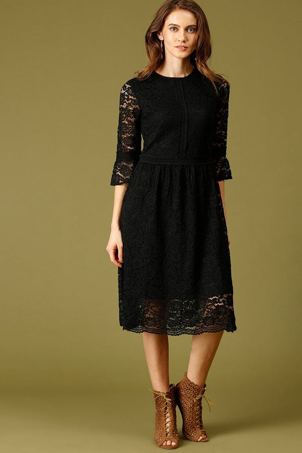 gipsy Black Midi Length Round Neck Polyester Dress Black