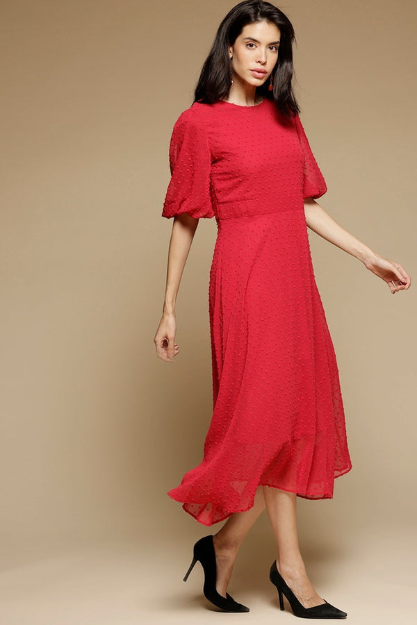 Gipsy Black Midi Length Round Neck Polyester Dress Red