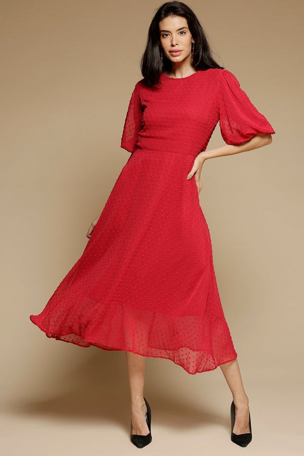 gipsy Black Midi Length Round Neck Polyester Dress Red