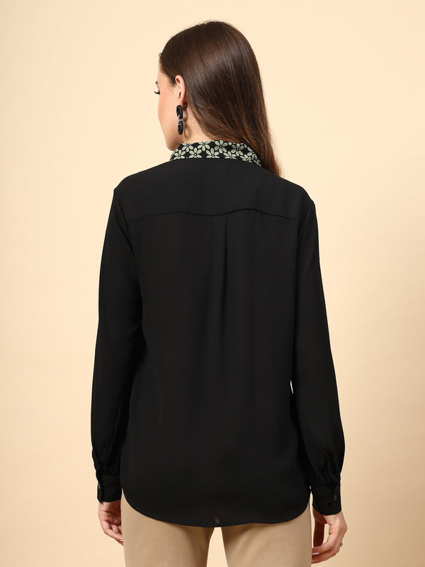 Gipsy Black Polyester Top With Front Polyester Shine Button And Collar Print Tie