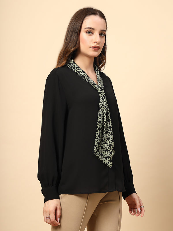 Gipsy Black Polyester Top With Front Polyester Shine Button And Collar Print Tie