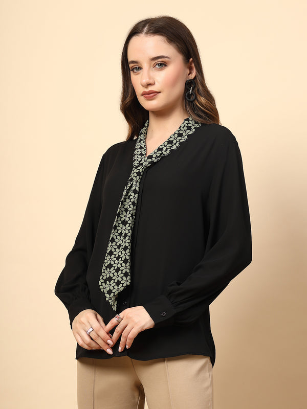 Gipsy Black Polyester Top With Front Polyester Shine Button And Collar Print Tie