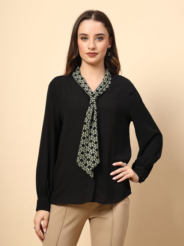gipsy Black Polyester Top with Front Polyester Shine Button and Collar Print Tie