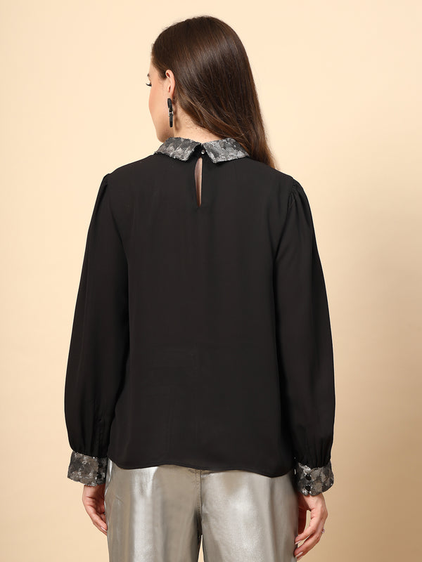 Gipsy Black Polyester Top With Sequined Collar And Cuff Details