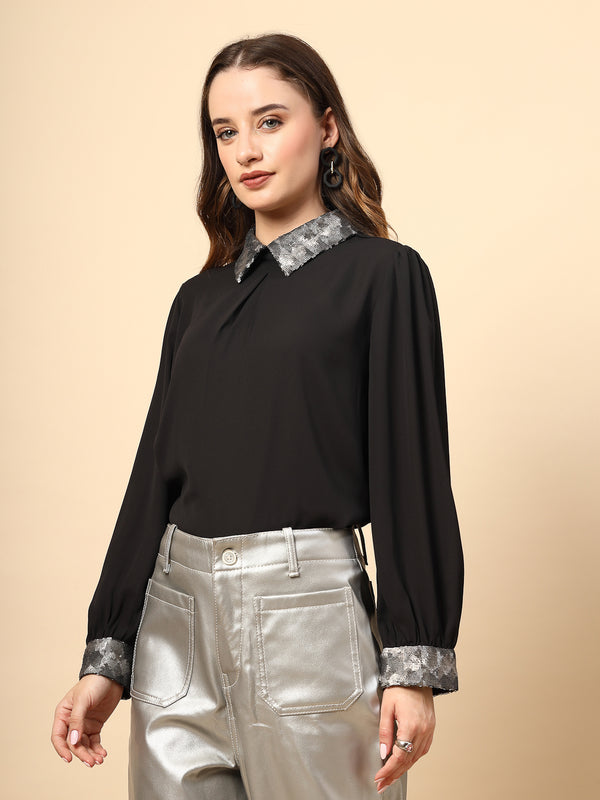 Gipsy Black Polyester Top With Sequined Collar And Cuff Details