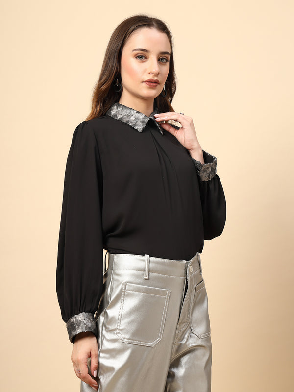 Gipsy Black Polyester Top With Sequined Collar And Cuff Details