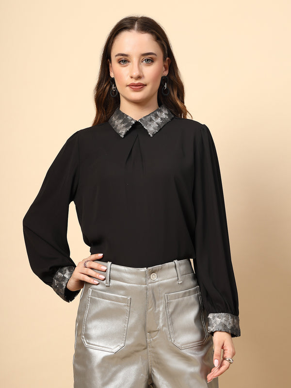 gipsy Black Polyester Top with Sequined Collar And Cuff Details