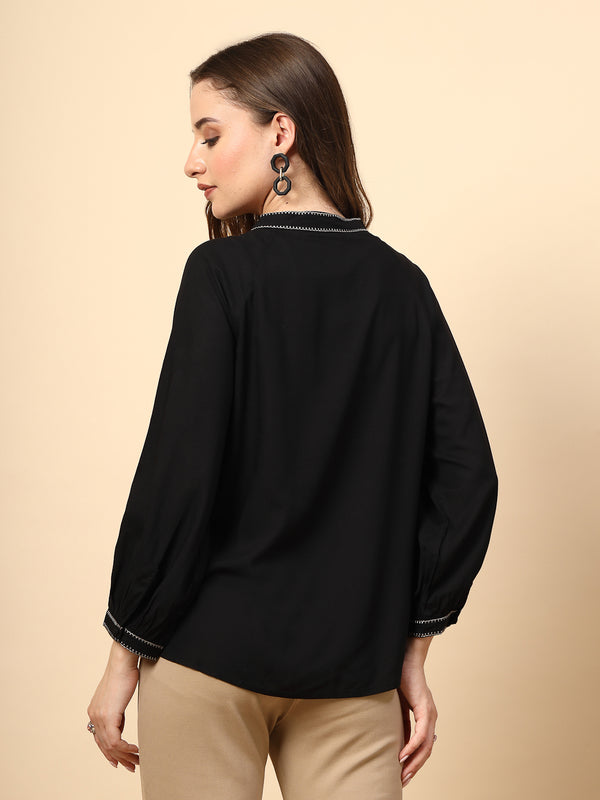 Gipsy Black Rayon Tunic With Embroidery Embellished Front